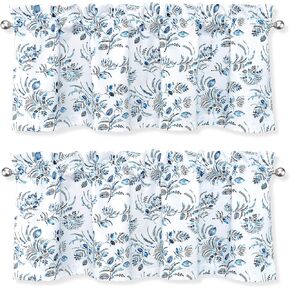 DriftAway ستائر الستارة المبطنة لنوافذ المطبخ 52 × 18 بوصة الستائر للنوافذ 2 حزمة ستائر الستارة لغرفة المعيشة كلير الألوان المائية الأزهار يترك نافذة الستائر الأزرق الداكن in Kuwait