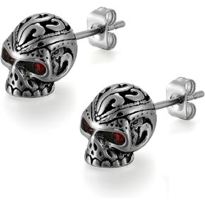 Flongo Men's Gothic Stainless Steel Red Eye Skull Skeleton Halloween Earrings Studs