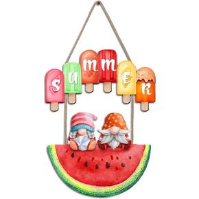 HLNIUC Summer Watermelon Wall Decor Hello Summer Wood Artwork Wooden Gnome sign Popsicle Summer Hanging Decoration Tropical Juicy Watermelon Front Door Hanger Ice Lolly Welcome Decor For Garden Yard