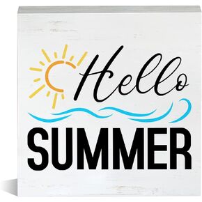 Hello Summer Wooden Box Sign Wood Block Tabletop Sign Summer Beach Decorative Desk Sign Home Shelf Decor 5 X 5 Inches