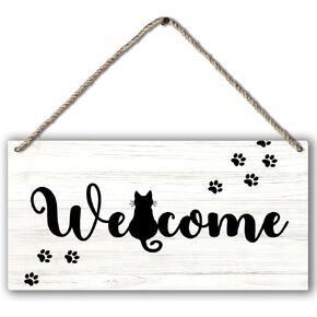 Funny Black Cat Welcome Printed Wood Plaque Sign Wall Hanging,Rustic Hanging Wall Signs for Cat Lover Home Decor, Funny Front Door Porch Welcome Sign 12 x 6 Inches