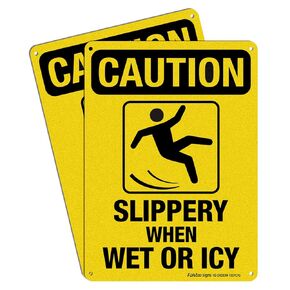 Caution Sign, Slippery When Wet or Icy Sign, (4 Pack) 10 x 7 Inches 0.40 Reflective Aluminum, UV Protected, Weather Resistant, Durable Ink, Easy to Mount