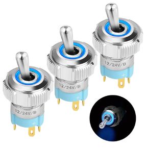 3 Pack 16mm 12V SPST ON-Off LED Toggle Switch Large Round Rocker Switch with Blue Lighted, IP67 Waterproof Electrical Toggle Switch Silver Chrome Brass Metal for Car Marine Dash Dashboard