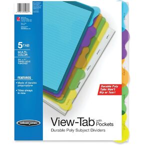 Wilson Jones View-Tab Transparent Dividers, Student Index with Pockets, 5-Tab Set, Multicolor Tabs (W55082)