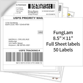 Full Sheet Shipping Labels, Full Page Labels 8.5" x 11", FungLam Shipping Labels 8.5"x 11" for Laser&Inkjet Printers, 8.5" x 11" Adhesive Shipping Label Srickers, 50 Labels.