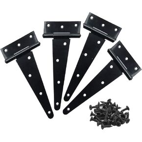 4PCS Black Heavy T Strap Hinges Gate Hinges for Wooden Fences or Metal Gates Iron Rustproof Cabinet Shed Barn Door Hinges (6 Inch with Screws)