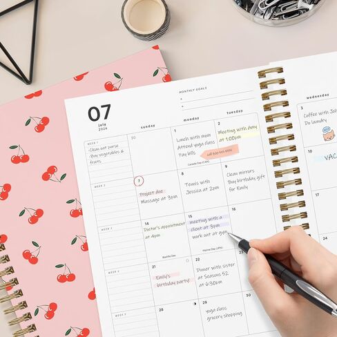 2024-2025 Cherry Small Academic Planner by Bright Day, 8.75" x 7.25" Daily Planner, July 2024 - June 2025, Weekly Agenda Academic Planner 2024-2025, Monthly Tabs, Vertical View, Twin Wire Binding, Pocket Folder in Saudi Arabia