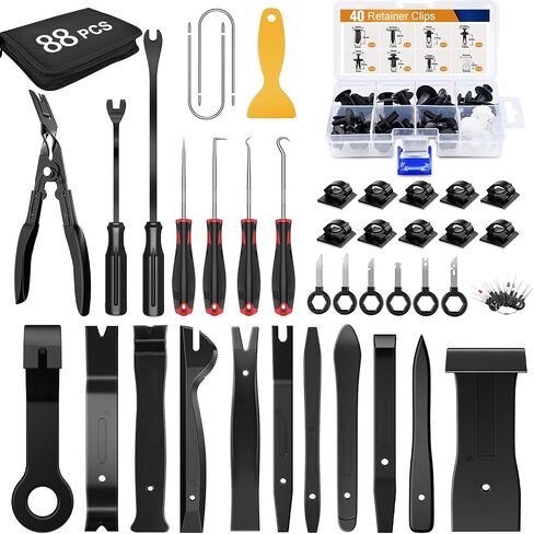 GOOACC 88Pcs Trim Removal Tool, Auto Push Pin Bumper Retainer Clip Set Fastener Terminal Remover Tool Adhesive Cable Clips Removal Kit Car Panel Radio Removal Auto Clip Pliers, Black in Kuwait