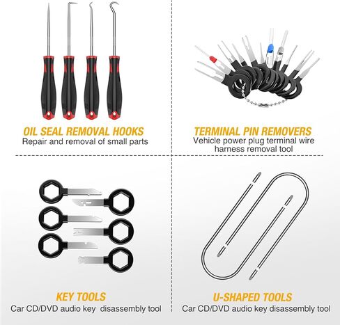 GOOACC 88Pcs Trim Removal Tool, Auto Push Pin Bumper Retainer Clip Set Fastener Terminal Remover Tool Adhesive Cable Clips Removal Kit Car Panel Radio Removal Auto Clip Pliers, Black in Kuwait