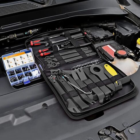 GOOACC 88Pcs Trim Removal Tool, Auto Push Pin Bumper Retainer Clip Set Fastener Terminal Remover Tool Adhesive Cable Clips Removal Kit Car Panel Radio Removal Auto Clip Pliers, Black in Kuwait