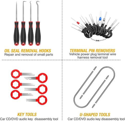 GOOACC 88Pcs Trim Removal Tool, Auto Push Pin Bumper Retainer Clip Set Fastener Terminal Remover Tool Adhesive Cable Clips Removal Kit Car Panel Radio Removal Auto Clip Pliers, Black in Kuwait