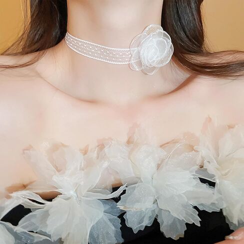 Lace Flower Choker Necklace for Women Vintage Rose Necklaces Tulle Chokers for Bride Wedding Gifts in Kuwait