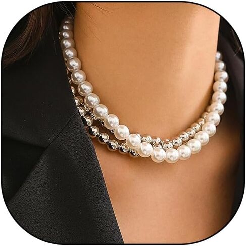 Gold Beaded Choker Necklace Set for Women,Stacking Round Pearl Collar Necklace,Trendy Simple Silver Layered Chunky Bead Ball Chain Necklace for Prom in Saudi Arabia