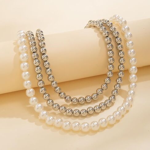 Gold Beaded Choker Necklace Set for Women,Stacking Round Pearl Collar Necklace,Trendy Simple Silver Layered Chunky Bead Ball Chain Necklace for Prom in Saudi Arabia