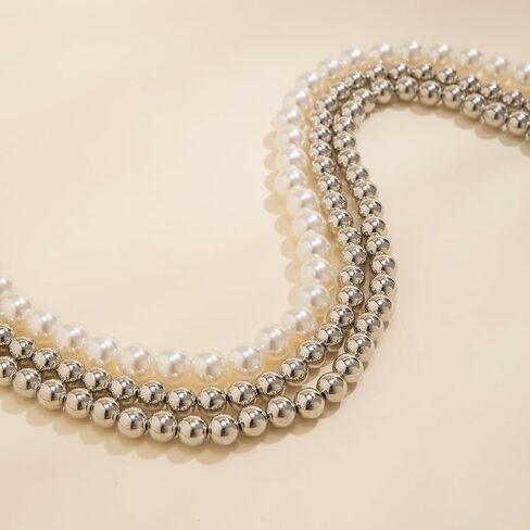 Gold Beaded Choker Necklace Set for Women,Stacking Round Pearl Collar Necklace,Trendy Simple Silver Layered Chunky Bead Ball Chain Necklace for Prom in Saudi Arabia