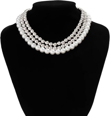 Gold Beaded Choker Necklace Set for Women,Stacking Round Pearl Collar Necklace,Trendy Simple Silver Layered Chunky Bead Ball Chain Necklace for Prom in Saudi Arabia