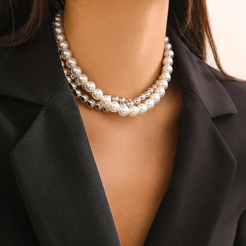 Gold Beaded Choker Necklace Set for Women,Stacking Round Pearl Collar Necklace,Trendy Simple Silver Layered Chunky Bead Ball Chain Necklace for Prom in Saudi Arabia