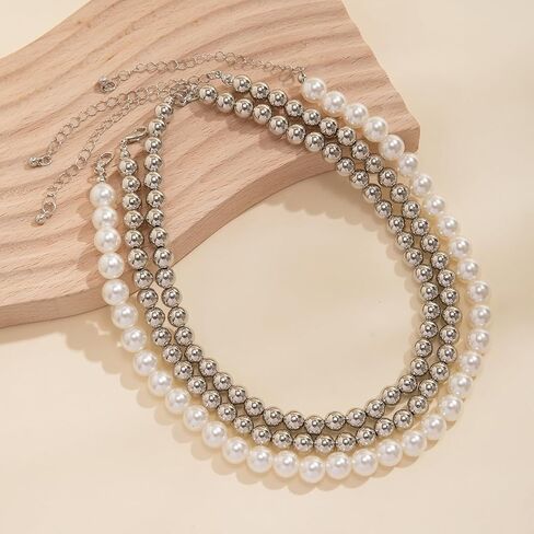 Gold Beaded Choker Necklace Set for Women,Stacking Round Pearl Collar Necklace,Trendy Simple Silver Layered Chunky Bead Ball Chain Necklace for Prom in Saudi Arabia