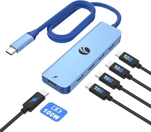 موزع USB C بسرعة 10 جيجابت في الثانية، موزع USB C بخمسة منافذ مع توصيل طاقة 100 وات، محول USB C محمول متعدد المنافذ متوافق مع MacBook Pro/Air، Surface Pro، Dell، HP، Microsoft، لا يدعم الشاشة (أزرق) in Saudi Arabia