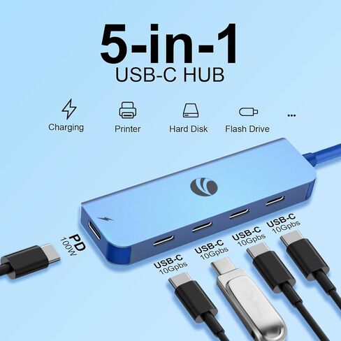 موزع USB C بسرعة 10 جيجابت في الثانية، موزع USB C بخمسة منافذ مع توصيل طاقة 100 وات، محول USB C محمول متعدد المنافذ متوافق مع MacBook Pro/Air، Surface Pro، Dell، HP، Microsoft، لا يدعم الشاشة (أزرق) in Saudi Arabia