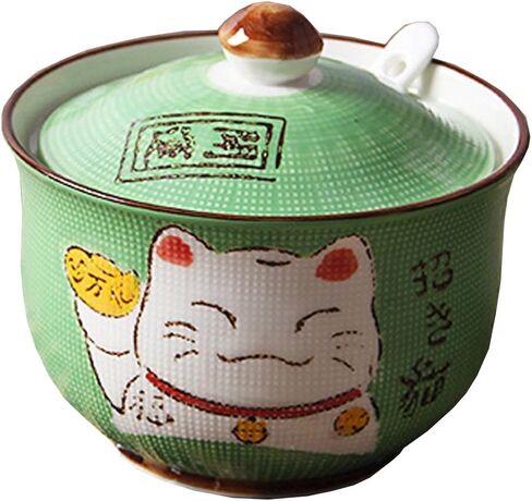 Ceramics Japanese Maneki Neko Lucky Cat Sugar Salt Pepper Storage Jar with Lid And Spoon in Saudi Arabia
