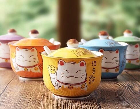 Ceramics Japanese Maneki Neko Lucky Cat Sugar Salt Pepper Storage Jar with Lid And Spoon in Saudi Arabia