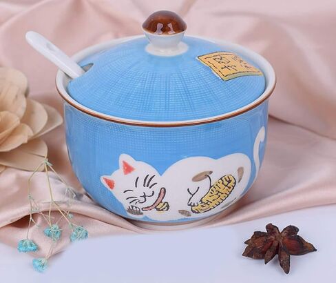 Ceramics Japanese Maneki Neko Lucky Cat Sugar Salt Pepper Storage Jar with Lid And Spoon in Saudi Arabia
