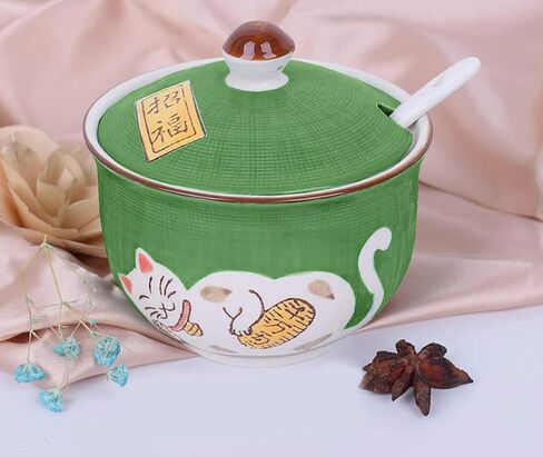 Ceramics Japanese Maneki Neko Lucky Cat Sugar Salt Pepper Storage Jar with Lid And Spoon in Saudi Arabia