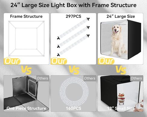 24"x24"/60x60cm Light Box Photography with 5 PVC Backdrops & Dimmable 3 LED Light Panels of 297 LED Beads & 10 x Clamps Portable Lightbox Photo Booth Shooting Tent for Product Photography Professional in Saudi Arabia