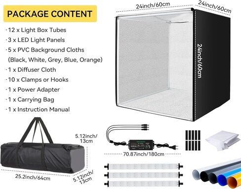 24"x24"/60x60cm Light Box Photography with 5 PVC Backdrops & Dimmable 3 LED Light Panels of 297 LED Beads & 10 x Clamps Portable Lightbox Photo Booth Shooting Tent for Product Photography Professional in Saudi Arabia