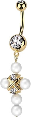 Pierced Owl 14GA 316L Stainless Steel CZ Crystal and Synthetic Pearl Cross Dangling Belly Button Ring in Saudi Arabia
