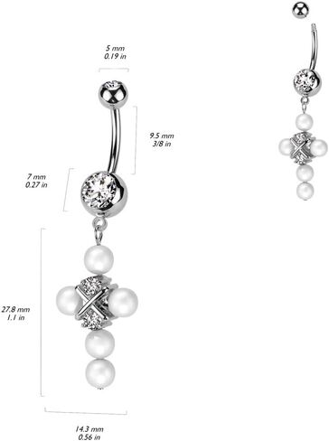 Pierced Owl 14GA 316L Stainless Steel CZ Crystal and Synthetic Pearl Cross Dangling Belly Button Ring in Saudi Arabia