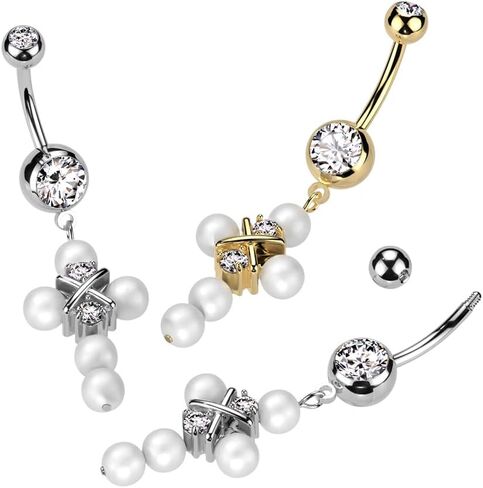 Pierced Owl 14GA 316L Stainless Steel CZ Crystal and Synthetic Pearl Cross Dangling Belly Button Ring in Saudi Arabia