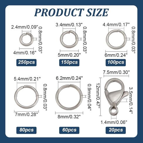 PH PandaHall 24K Gold Plated Jewelry Clasps Kit, 530pcs 4/5/6/7/8mm Open Jump Rings with 10pcs 12x7mm Lobster Claw Clasps 304 Stainless Steel Jewelry Findings for Keychain Pendants Jewelry Making in Saudi Arabia