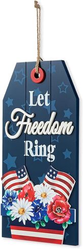 Glitzhome 4th of July Welcome Door Sign Independence Day Patriotic Door Hanger Sign Round Wood Wreath Hanging Sign in Saudi Arabia