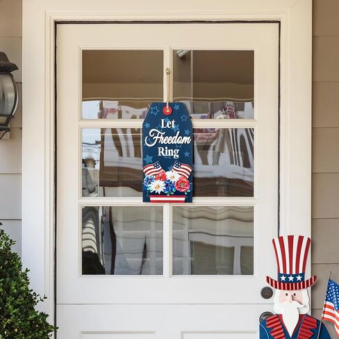 Glitzhome 4th of July Welcome Door Sign Independence Day Patriotic Door Hanger Sign Round Wood Wreath Hanging Sign in Saudi Arabia