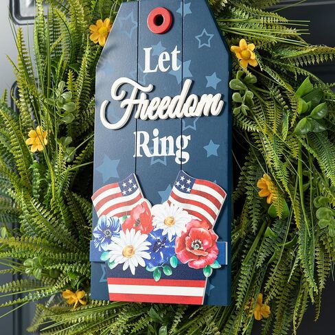 Glitzhome 4th of July Welcome Door Sign Independence Day Patriotic Door Hanger Sign Round Wood Wreath Hanging Sign in Saudi Arabia