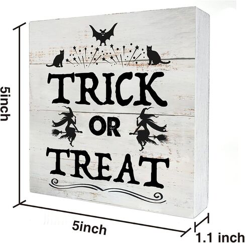 Rustic Trick or Treat Wood Box Sign Fall Witches Wooden Box Sign Halloween Sign Farmhouse Home Desk Shelf Decor (5 X 5 Inch) in Saudi Arabia
