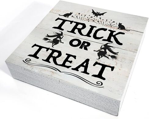 Rustic Trick or Treat Wood Box Sign Fall Witches Wooden Box Sign Halloween Sign Farmhouse Home Desk Shelf Decor (5 X 5 Inch) in Saudi Arabia