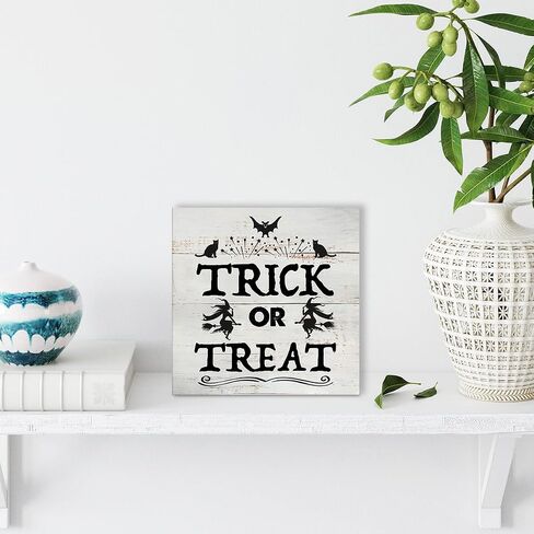 Rustic Trick or Treat Wood Box Sign Fall Witches Wooden Box Sign Halloween Sign Farmhouse Home Desk Shelf Decor (5 X 5 Inch) in Saudi Arabia