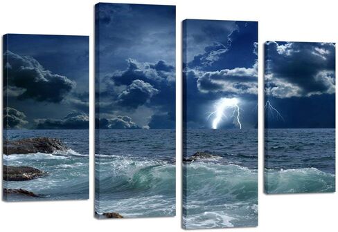 KREATIVE ARTS 4 Panels Large Seascape Lightning on Storm Ocean Picture Print on Canvas Art Prints Giclee Art Work for Home Office Decoration Wild Winds and Huge Waves Sea Wave Wall Art Decor in Saudi Arabia