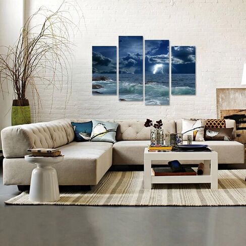 KREATIVE ARTS 4 Panels Large Seascape Lightning on Storm Ocean Picture Print on Canvas Art Prints Giclee Art Work for Home Office Decoration Wild Winds and Huge Waves Sea Wave Wall Art Decor in Saudi Arabia