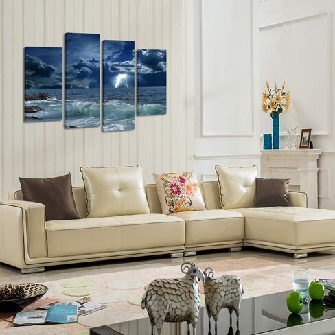 KREATIVE ARTS 4 Panels Large Seascape Lightning on Storm Ocean Picture Print on Canvas Art Prints Giclee Art Work for Home Office Decoration Wild Winds and Huge Waves Sea Wave Wall Art Decor in Saudi Arabia