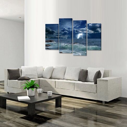 KREATIVE ARTS 4 Panels Large Seascape Lightning on Storm Ocean Picture Print on Canvas Art Prints Giclee Art Work for Home Office Decoration Wild Winds and Huge Waves Sea Wave Wall Art Decor in Saudi Arabia