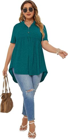 PLOKNRD Women's Plus Size Tops Short Sleeve Henley V Neck Button Up Flowy T Shirts Tunic Loose Blouses Dark Green in Saudi Arabia