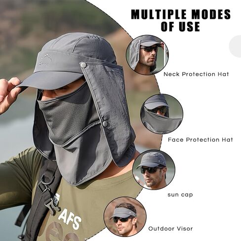 قبعة كوموريبي الشمسية للرجال والنساء، قبعة صيد بعامل حماية من الأشعة فوق البنفسجية 50+ غطاء حماية للرقبة، غطاء للوجه في الهواء الطلق للتنزه سيرًا على الأقدام والجري in Kuwait