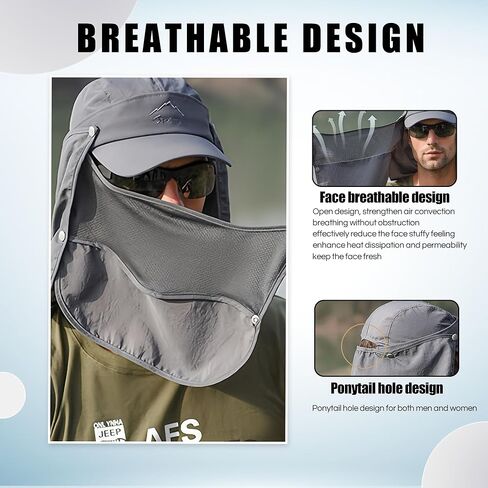 قبعة كوموريبي الشمسية للرجال والنساء، قبعة صيد بعامل حماية من الأشعة فوق البنفسجية 50+ غطاء حماية للرقبة، غطاء للوجه في الهواء الطلق للتنزه سيرًا على الأقدام والجري in Kuwait