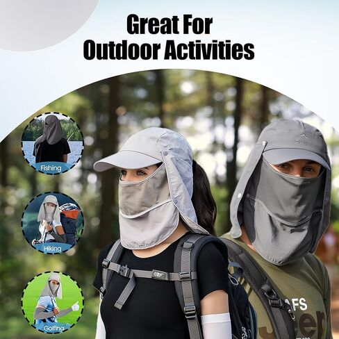 قبعة كوموريبي الشمسية للرجال والنساء، قبعة صيد بعامل حماية من الأشعة فوق البنفسجية 50+ غطاء حماية للرقبة، غطاء للوجه في الهواء الطلق للتنزه سيرًا على الأقدام والجري in Kuwait