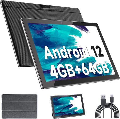 تابلت 10 بوصة، أحدث جهاز لوحي Android 12 مع حافظة، 4 جيجابايت + 64 جيجابايت + 1 تيرابايت توسيع، رباعي النواة، شاشة لمس IPS 1280 * 800، بطارية 6000 مللي أمبير، واي فاي، BT، ألعاب، عمل (أسود) in Kuwait