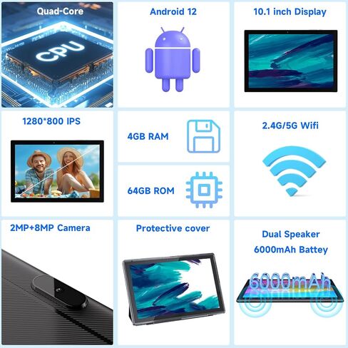 تابلت 10 بوصة، أحدث جهاز لوحي Android 12 مع حافظة، 4 جيجابايت + 64 جيجابايت + 1 تيرابايت توسيع، رباعي النواة، شاشة لمس IPS 1280 * 800، بطارية 6000 مللي أمبير، واي فاي، BT، ألعاب، عمل (أسود) in Kuwait